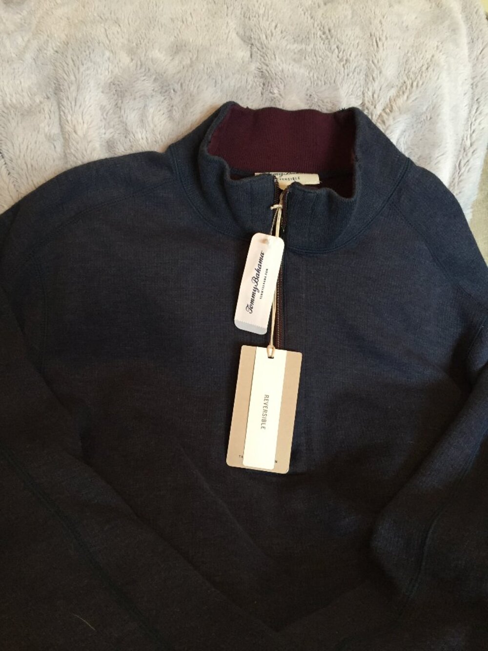 Tommy Bahama Navy Half-Zip Pullover with Burgundy Collar